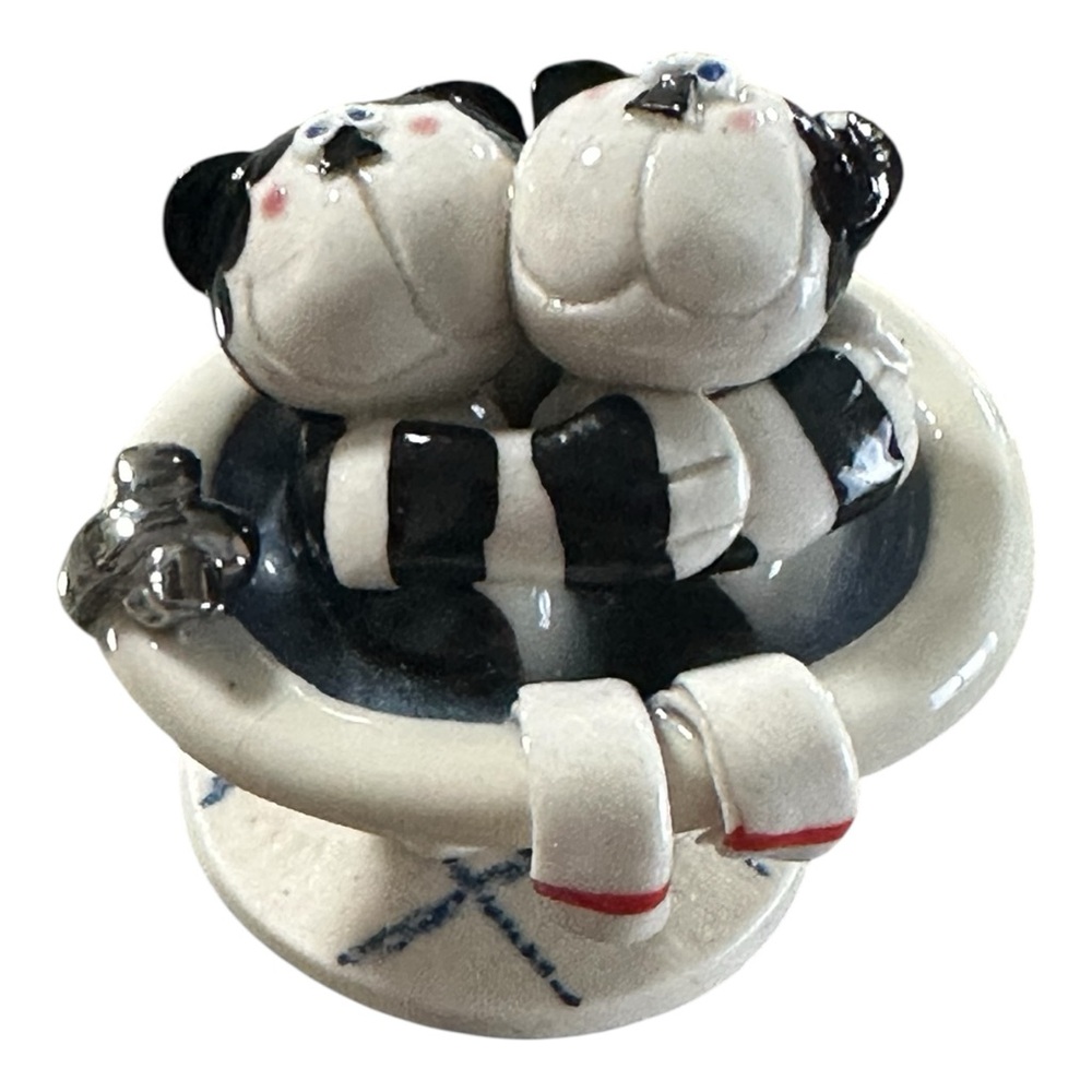 Vtg Playful Black Spots Striped Cats in a hat. stamped KC 1991